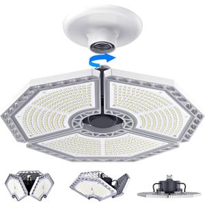 KERNOWO LED Garage Lights, 140W 18500 Lumens Garage Lighting, 6000K Daylight with Deformable Three Panel Ceiling Light Fixture E26/E27 Triple Glow LED Shop Light for Basement Workshop Warehouse (Silver)