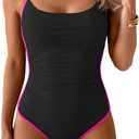 Eomenie One Piece Swimsuit for Women Tummy Control Ruched Bathing Suit Spaghetti Straps Color Block Slimming Swim Suits (Small, Black and Hot Pink) 38