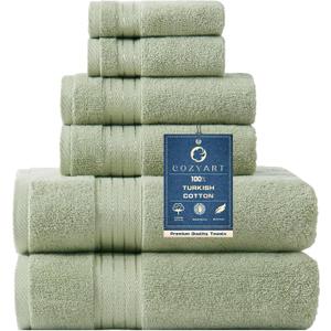 COZYART Sage Green Bath Towel Set for Bathroom Turkish Cotton Thick Soft Absorbent Durable 650 GSM Towel Sets of 6, 2 Large Bath Towels, 2 Hand Towels, 2 Washclothes, 6 Piece Towel Set