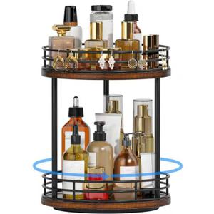 2-Tier Rotating Bathroom Countertop Organizer, Wooden Makeup Vanity Storage, Multifunctional Lazy Susan Turntable for Skincare, Perfume and Cosmetics (Brown)