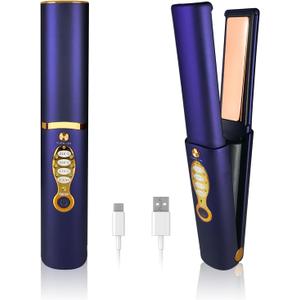 Cordless Hair Straighteners 5000 mAh Long Range Titanium Portable Flat Iron Wireless Mini Hair Straightener 2 in 1 for Straightening and Curling Travel Straightener max. 210/410 Heats Up in Seconds (Blue)