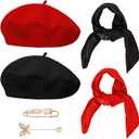 6 PCS Beret Hat Solid Color French Beret Cap with Silky Scarf Brooch Pins for Women (One Size, Multi)