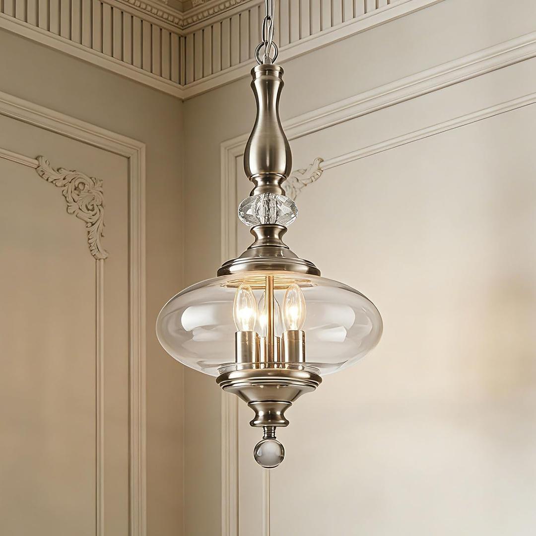 Brushed Nickel Pendant Light 11.8'' Wide 23.6'' High Modern Glass Pendant Light for Dining Room, Kitchen Island Adjustable Height