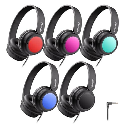 iClever Kids Headphones Bulk 5 Pack for Students K-12 & Teachers, Durable PP Material, 85dBA Safe Volume, Multiple Folding Options, Kids Wired Headphones for School/Classroom/Home/Travel