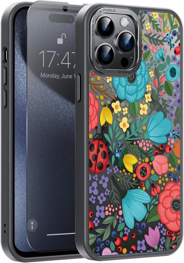Goodon for iPhone 15 Pro Case with Privacy Screen Protector, Compatible with Magsafe, Shockproof Translucent Matte Cover - Cute Floral Design Phone Case for Women and Girls - Colorful Flower Garden