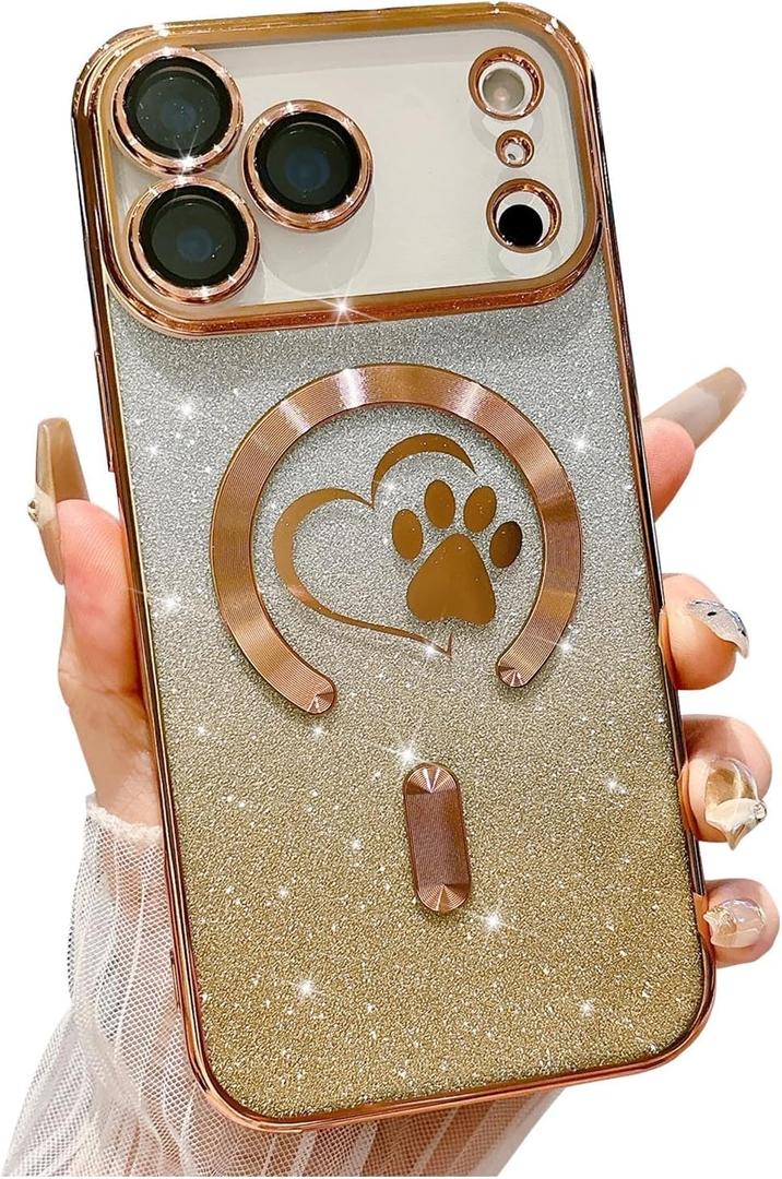 for iPhone 17 Pro Max Case, Glitter Clear Cute Paw Love Heart, Compatible with MagSafe, Strong Magnetic Full Camera Lens Protection Cover, Soft Slim Bling Phone Case 6.9" - Gold