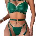 Lilosy Sexy Pu Leather Strappy Underwire Garter Belt Lingerie Set, Size XL