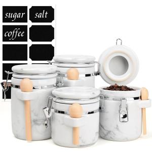 4-Piece Airtight Ceramic Canisters Set with Wooden Spoons & Chalk Labels  Perfect for Coffee, Sugar, Flour, Tea (Marble)  Stylish & Leakproof Kitchen Storage