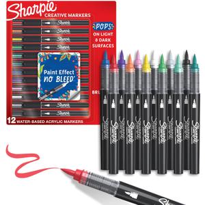 Sharpie Creative Markers, Water-Based Acrylic, Brush Tip, Assorted Colors, 12 Count Arts & Crafts, Kids Activity, School Classroom; Works on Paper, Metal, Wood, Ceramic, Glass, Rock, Canvas