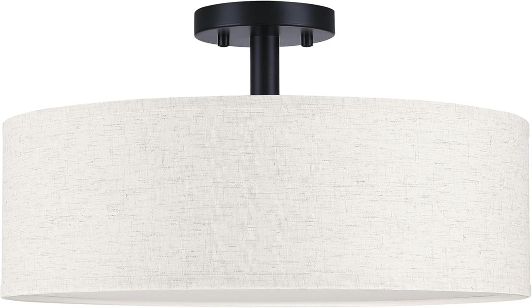 18 Inch Drum Black 4 Light Semi Flush Mount Close to Ceiling Light Fixture,Cream Fabric Shade for Bedroom,Living Room,Dining Room Hallway