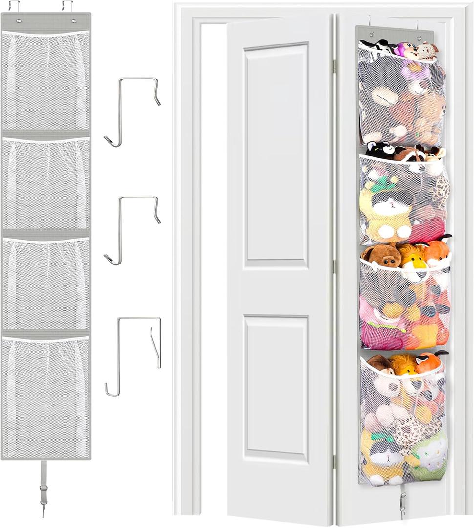 Woodoulogy Stuffed Animal Storage Over Door, Hanging Toy Organizer, Plush Doll & Bear Baby Accessory Holder Idea for Nursery, 12 Inch Wide Mesh Bag for Bi-Fold Door Closet Girl Boy Kid