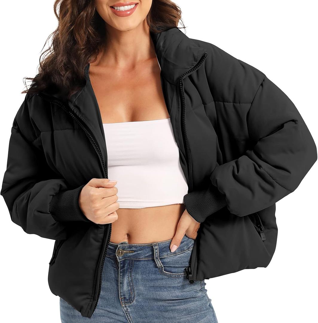 PABOPKOBI Women's Winter Coat Puffer Jacket, Quilted Down Cropped Lightweight without Hood for Snow Warm (Large, Black)