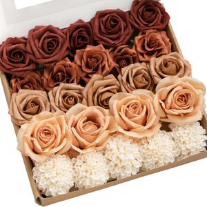 Ling's moment Artificial Flowers Fake Silk Roses Faux Foam Dahlia Combo for DIY Wedding Bouquets Centerpieces Arrangements Bridal Shower Party Home Decorations, Amber & French Orange, 24pcs