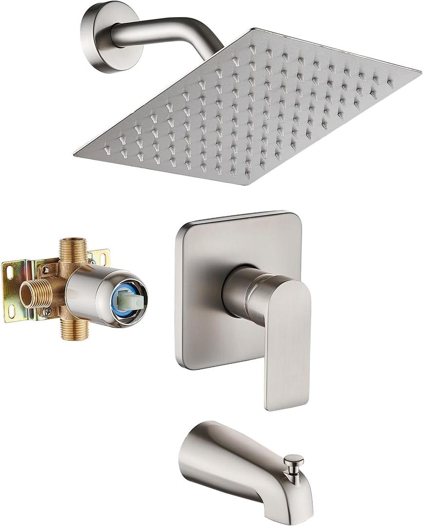 Brushed Nickel Tub Shower Faucet Set Complete with 8-Inch Rainfall Shower Head and Tub Spout Included Shower Valve Tub Shower Trim Kit Brushed Nickel