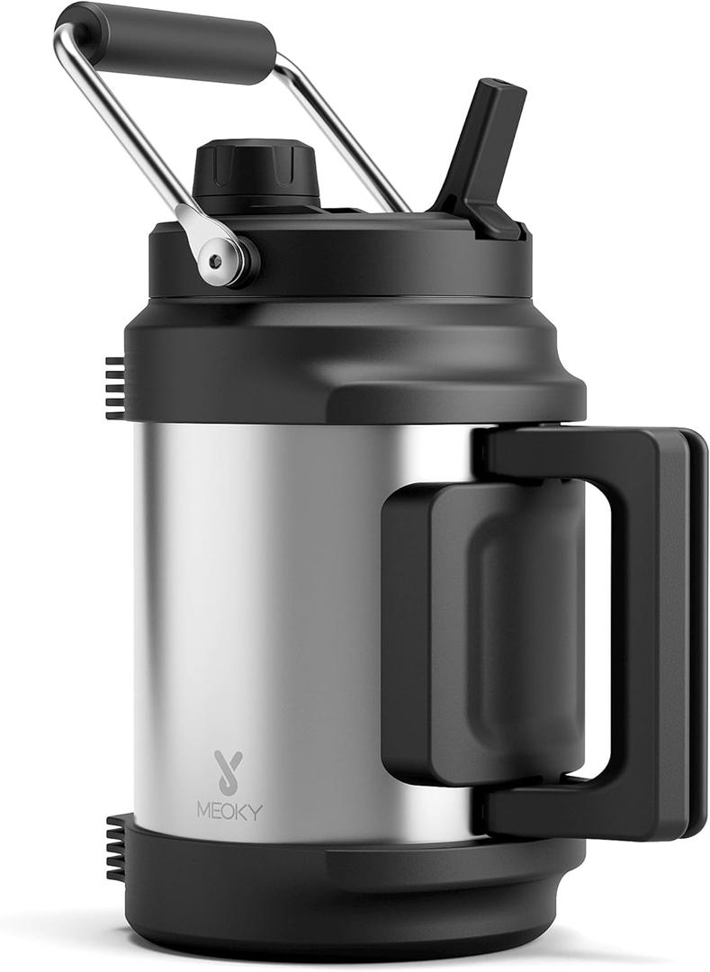 64 oz Insulated Water Bottle for Men: Meoky Triple Wall Vacuum Stainless Steel Half Gallon Water Jug - Top and Side Handles, 2-in-1 Straw and Spout Lid, Cold for 36 Hrs, Leak Proof for Sports (Silver)