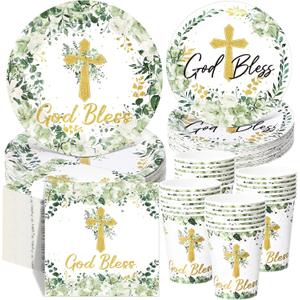 Pickmesh 250 Pcs God Bless Baptism Party Supplies Sage Green Disposable Paper Plates Napkins Cups Set for First Holy Communion Christening Baby Shower Religious Celebration Serves 50