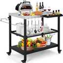 Outdoor Grill Cart,36 Inch Stainless Steel Pizza Oven Table with Lockable Wheels, Hooks & Adjustable Mesh, Metal Kitchen Cart Island, Black(36.2'' D x 19.6''W x 31.4''H)