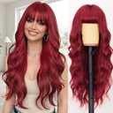 AISI HAIR Beginner Friendly Wigs Red Wig with Bangs Long Wavy Synthetic Wig for Women Daily Party Use
