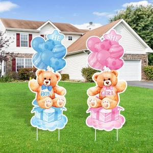 2 Sets Baby Shower Plastic Yard Sign with Stakes Gender Reveal Outdoor Decorations Blue Pink Boy or Girl Yard Sign He and She Bear Lawn Sign Newborn Welcome Sign for Gender Reveal Party Supplies