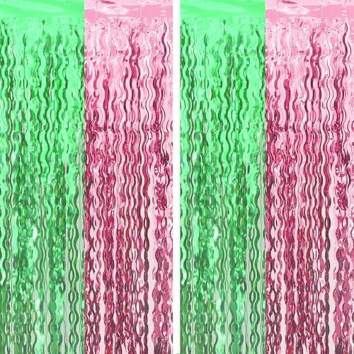 Cyxevous Green Pink Tinsel Curtains, Wavy Foil Fringe Curtain Photo Booth Foil Curtain Backdrop Green Pink Theme Birthday Party Backdrop 2 Pcs 3.2 inch × 6.6 inch, Pack Of 2