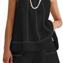 Rapbin Women Two Piece Short Set Drawstring Elastic Waist Pants Round Neck Tank Tops Comfy Sweatsuit Soft Sleepwear, S