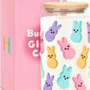 Easter Bunny Cup, Easter Gifts for Women Girls Kids, Teens Basket Stuffers, Cute 16oz Glass Iced Coffee Cup with Lid And Straw