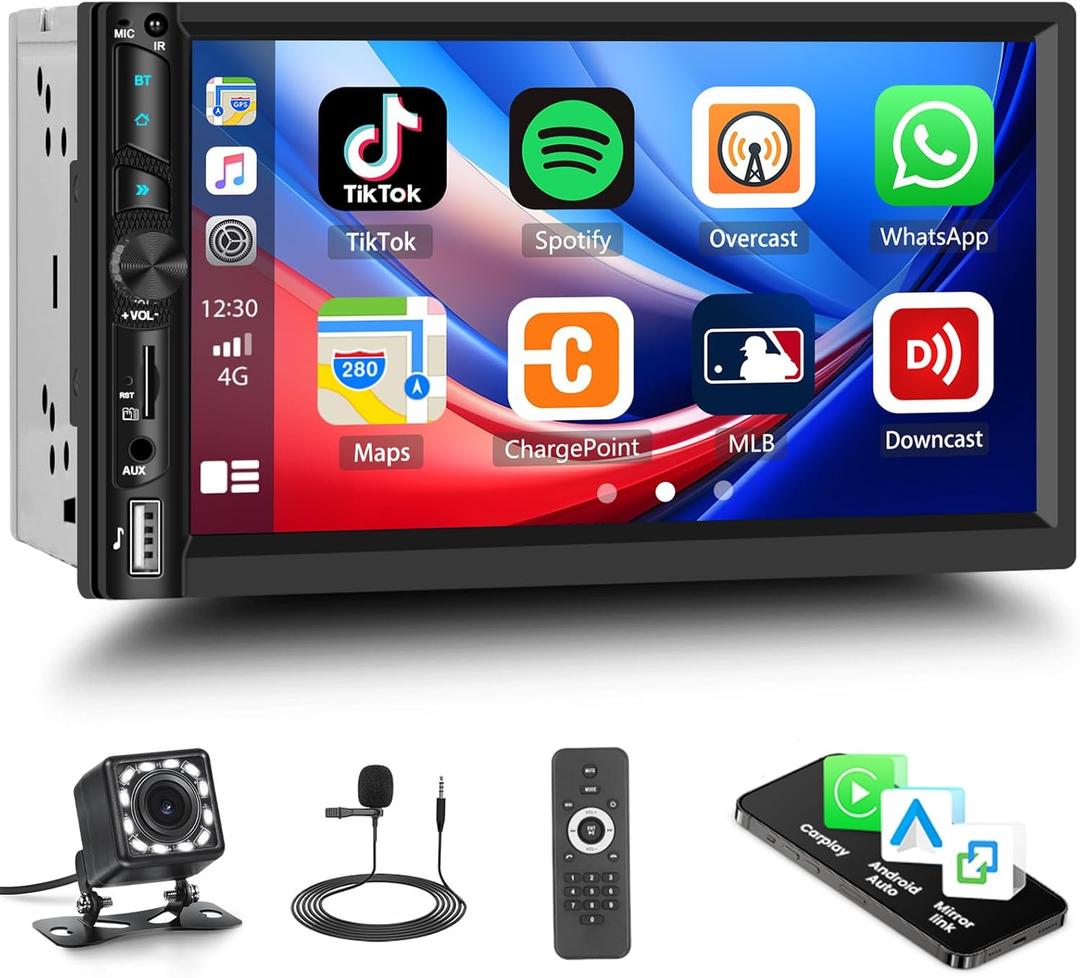 UNITOPSCI Wireless Apple CarPlay Double Din Car Stereo,Wireless Android Auto Bluetooth 7 Inch IPS HD Touchscreen Car Radio,Video Out,DVR, FM/USB/AUX/TF Card Input,Mirror Link, SWC, EQ + Backup Camera