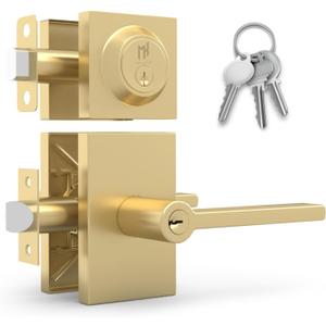 Mega Handles, Glamor Entry Combo, Entry Door Handle and Single Cylinder Deadbolt Lock and Key Combo Pack, Heavy Duty Locking Door Levers for Left or Right-Handed Doors - Satin Brass
