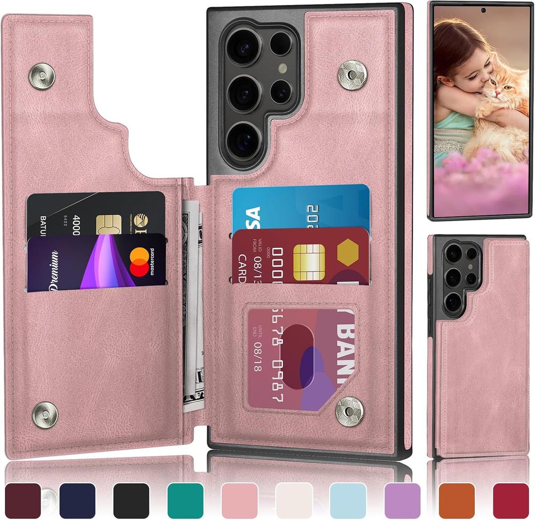 DJDUCK Designed for Samsung Galaxy S24 Ultra Case Wallet with Card Holder, [Magnetic Clasp Cover] [RFID Blocking Leather Protection] Shockproof Women Men Cases for Samsung S24 Ultra Pink