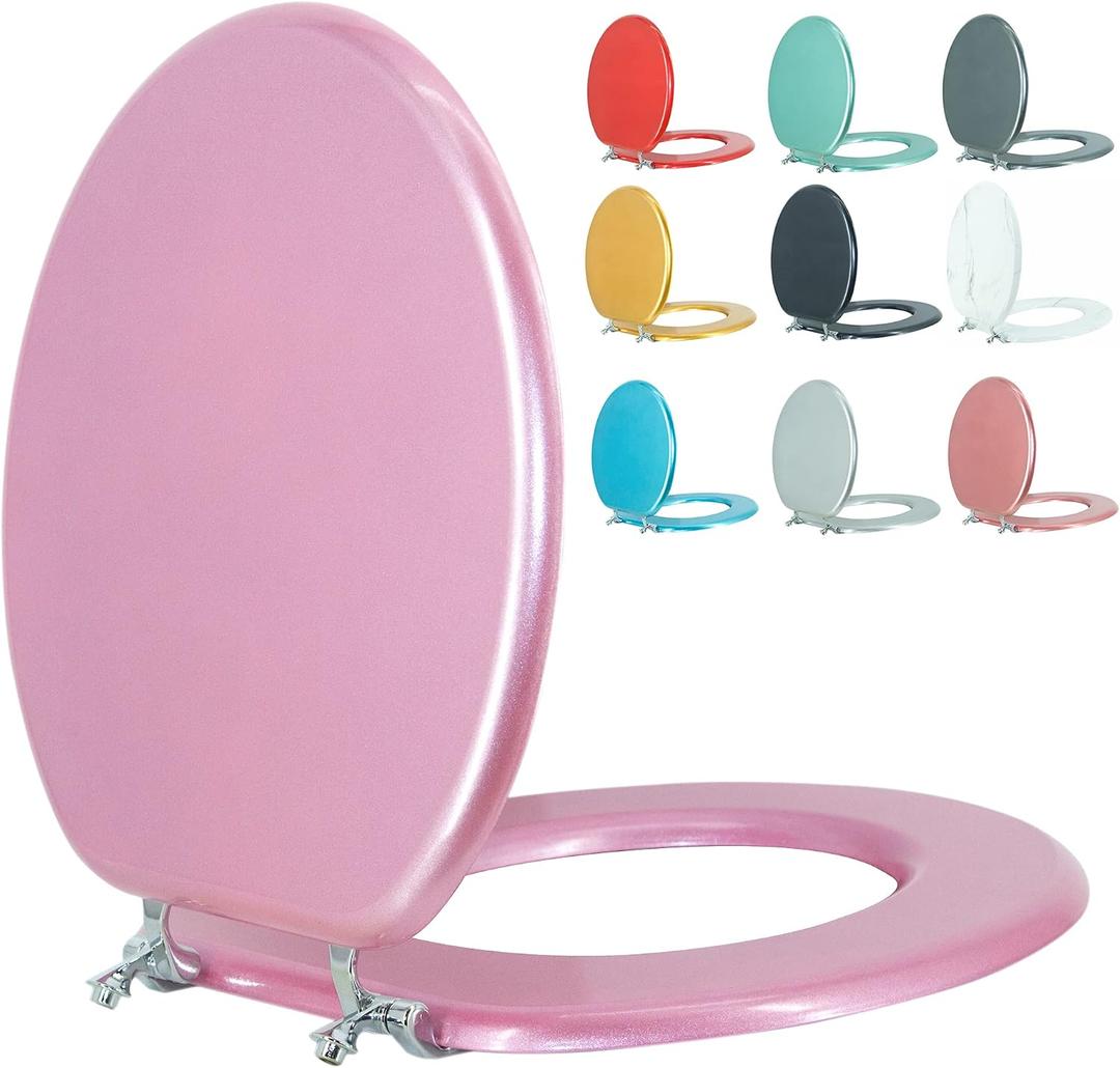 Round Toilet Seat Wood Toilet Seat Prevent Shifting with Zinc Alloy Hinges American Standard Size Toilet Seat Easy to Install also Easy to Clean (Round, Sparkling Pink)