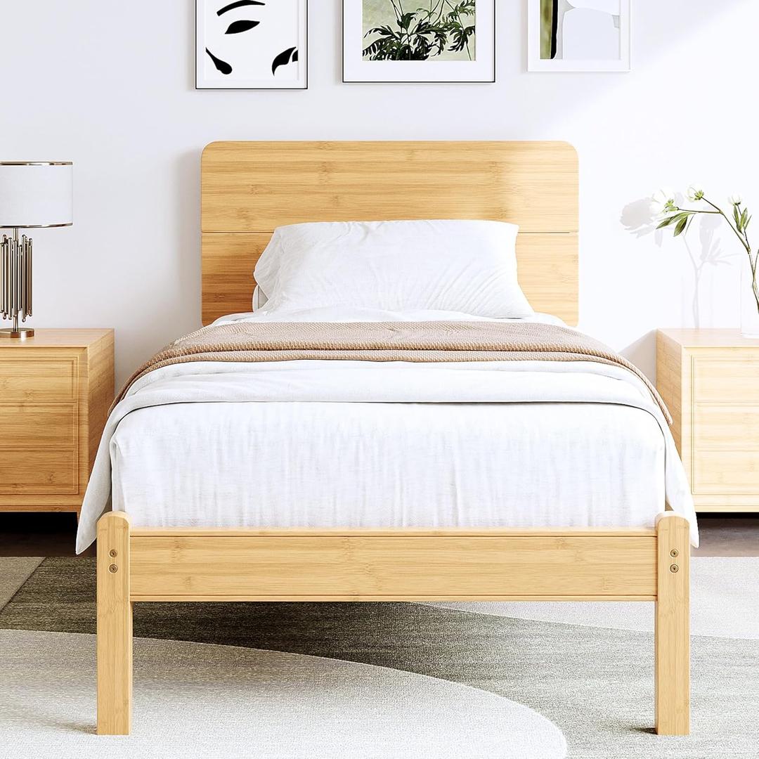 14in High Solid Bamboo Wood Platform Twin Size Bed Frame with Headboard, Reinforced Heavy Duty Metal Slats, Noise Free, No Box Spring Needed, Easy Assembly (Natural)