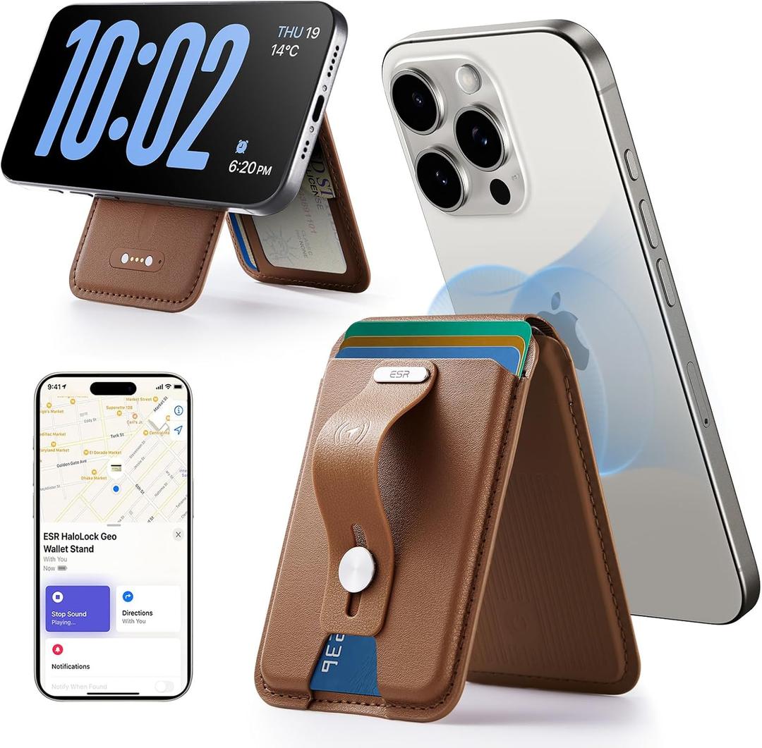 ESR Geo for Magsafe Wallet with Full Find My Functionality,5 Card-Holder, RFID Blocking, Magnetic Wallet for iPhone 16/15/14/13/12 Series,with Adjustable Stand, Brown
