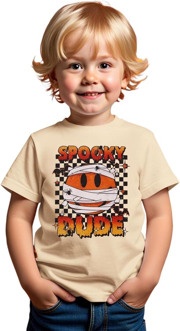 Toddler Halloween Shirts Baby boy Spooky Dude T-Shirt Funny Bandages Face Graphic Tee Bats Print Spooky Season Tops (5-6 Years, Beige)