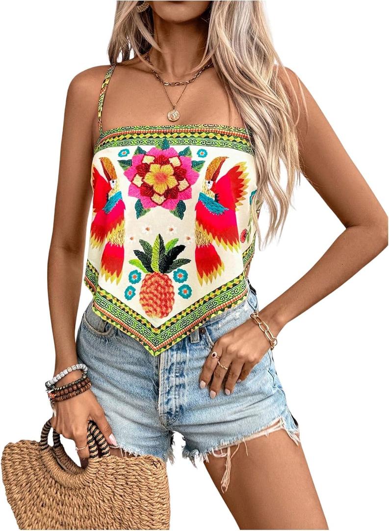 Floerns Women's Plus Size Boho Tie Back Sleeveless Asymmetrical Hem Floral Cami Top (Medium, Green)