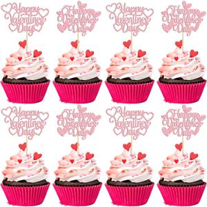 24Pcs Happy Valentine's Day Cupcake Toppers with Heart Glitter Sweet Love Theme Cupcake Picks Valentine's Day Cake Decorations for Valentine's Day Theme Birthday Party Supplies Pink