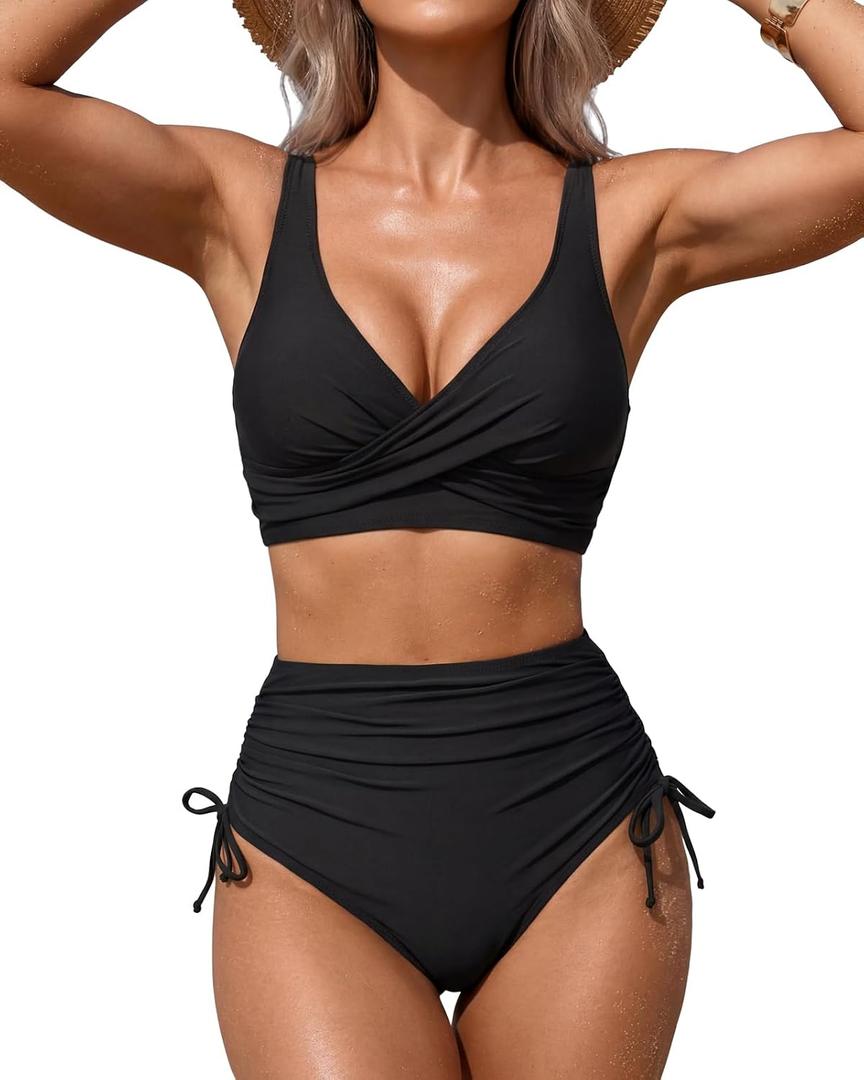 Women's High Waisted Two Piece Swimsuit Twist Front Bikini Sets | Tummy Control, 2 Piece, Push Up, Removable Pads, Wireless, Lace-up Back, Beachwear, Summer Holiday Outfits (Black, S)