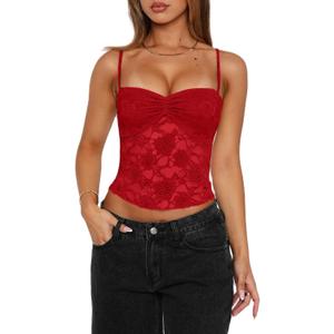 Women Lace Camisole Top Y2k Floral Sheer Mesh Spaghetti Strap Tank Top Summer Sexy Slim Fit Square Neck Shirt (Medium, Red)