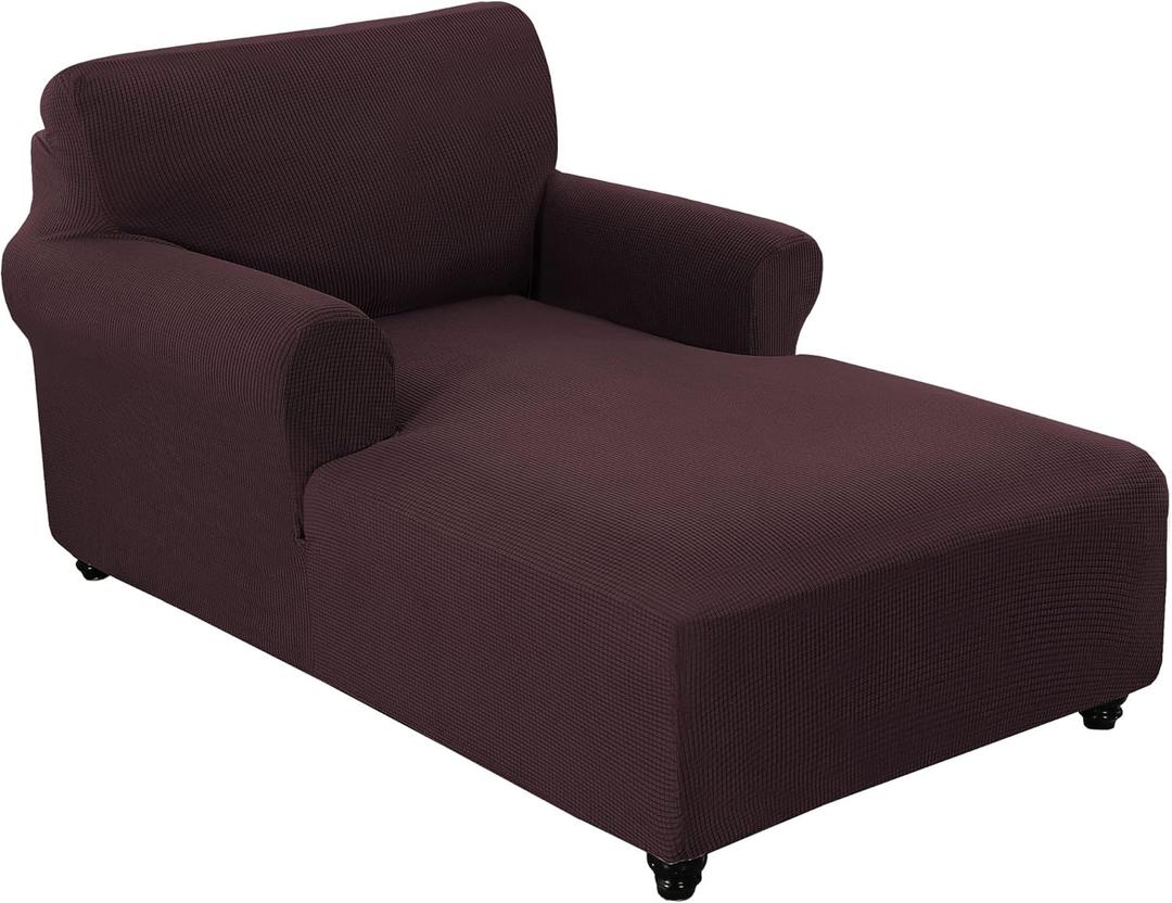 FantasDecor Chaise Lounge Cover Stretch Chair Lattice Slipcover with Armrests for Living Room Bedroom Double Arm Soft Jacquard Fabric Machine Washable, Brown