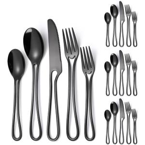 Black Silverware Hollow Flatware Set for 4 Stainless Steel Cutlery 20 Piece Hanging Forks Spoons and Knives Unique Eating Utensils for Home Restaurant Parties