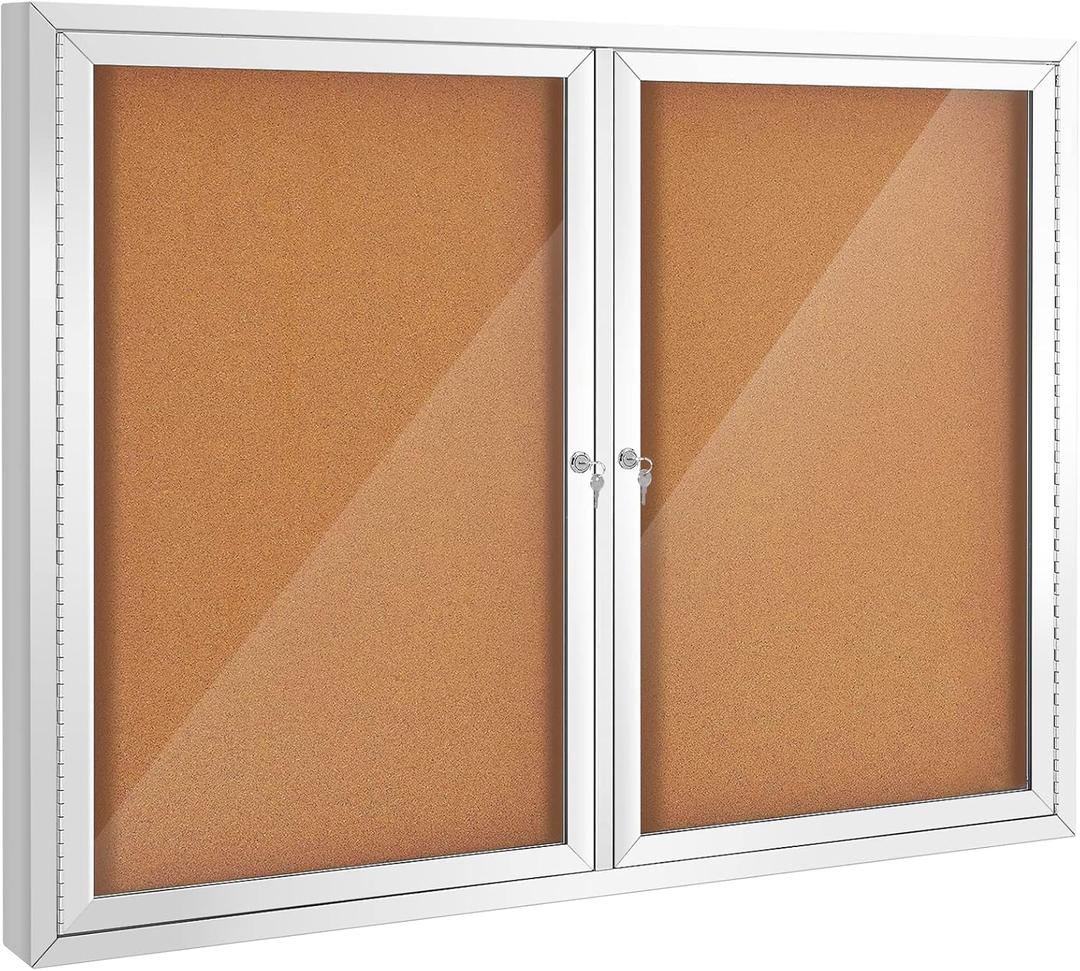 SWANCROWN Weather Resistant Enclosed Bulletin Board Cork Displays Boards Wall Mounted Notice Case with 2 Locking Door (48x34 inches)