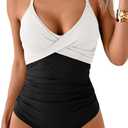 B2prity Women's One Piece Swimsuits Tummy Control Front Cross Bathing Suits Tie Back Slimming V Neck Swimwear (X-Large, White and Black)