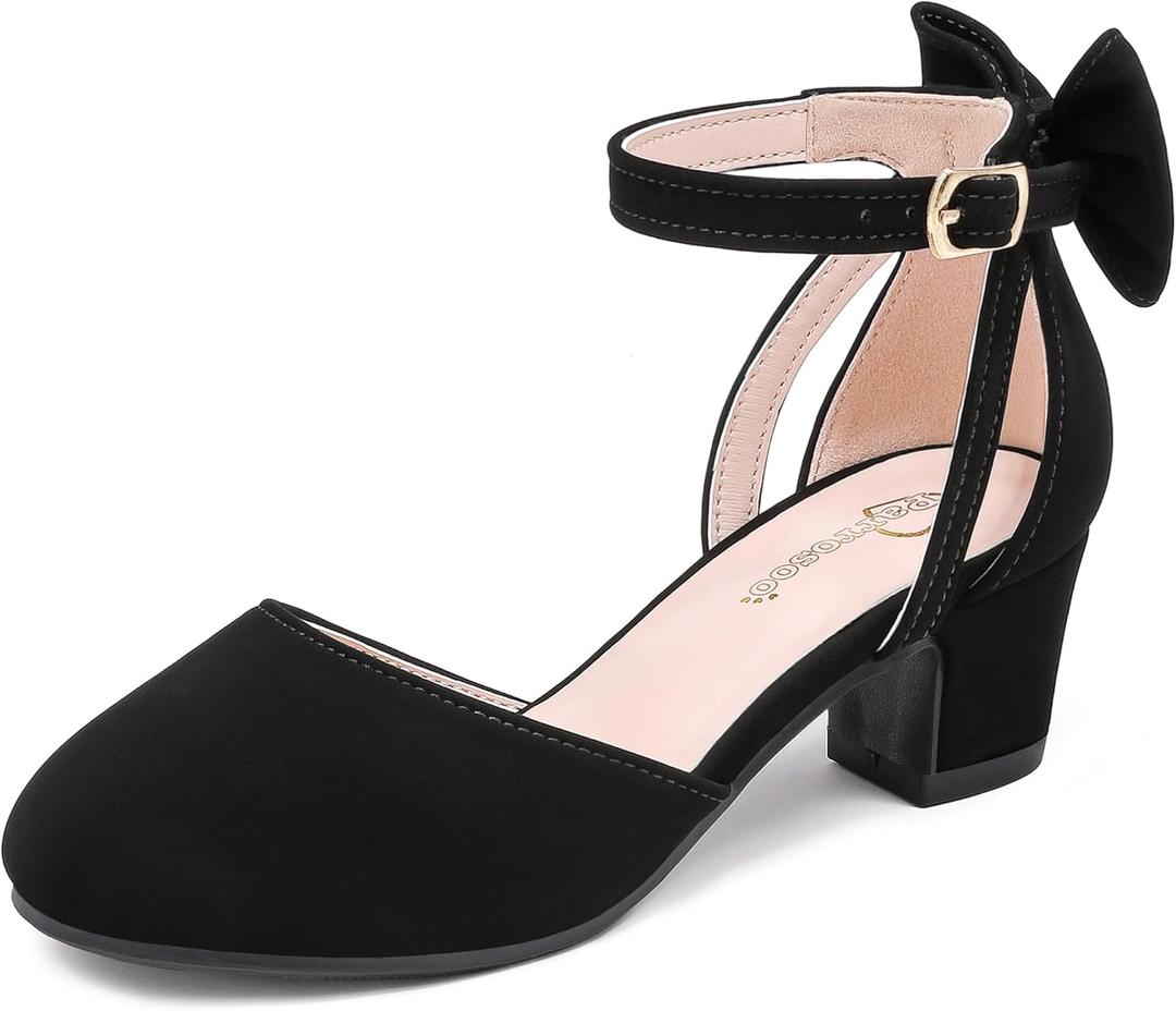 Girls Heels Dress Shoes Flower Girl Pumps with Cute Bow Closed Toe High Heels Adjustable Buckles Wedding Party (13 Little Kid, Black)