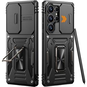 Armor Compatible for Samsung Galaxy S25 Ultra Case with Camera Cover & Stash Stand, 4X Military-Grade Drop Protection, Shock-Absorbing Rugged Defender (Black)