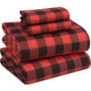 RUVANTI Flannel Sheets Queen Size - 100% Cotton Double Brushed Bed Sheets, Deep Pockets 16 Inches Queen Sheet Set, All Seasons Breathable & Extra Soft - Warm & Cozy, 4 Piece, Red & Black Plaid