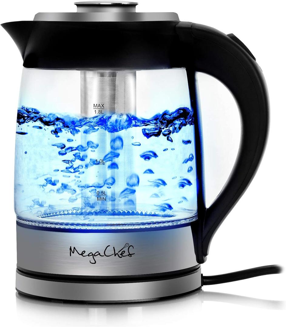 MegaChef 1.8Lt. Glass Body and Stainless Steel Electric Tea Kettle with Tea Infuser (Model 2)