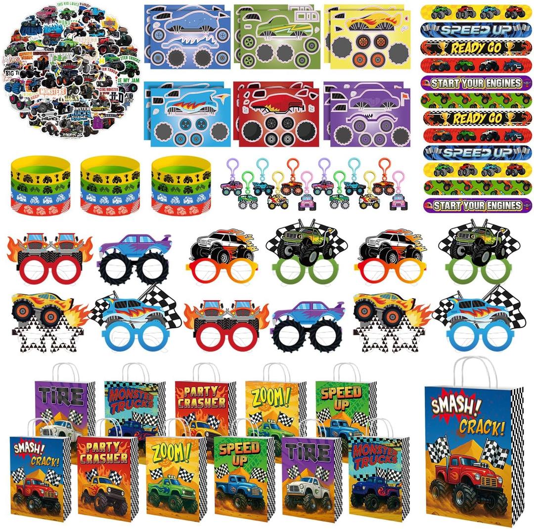 Monster Truck Party Favors for 12, Truck Birthday Party Supplies Include Goodie Bags, Bracelets, Keychains, Stickers, Paper Glasses, Off-Road Racing Theme Pinata Fillers Classroom Rewards