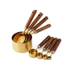 Measuring Cups and Spoons Set 4 Piece, Food-Grade Golden Nonstick with Non-Slip Wooden Handle, Engraved US/Metric Markings for Cooking Baking