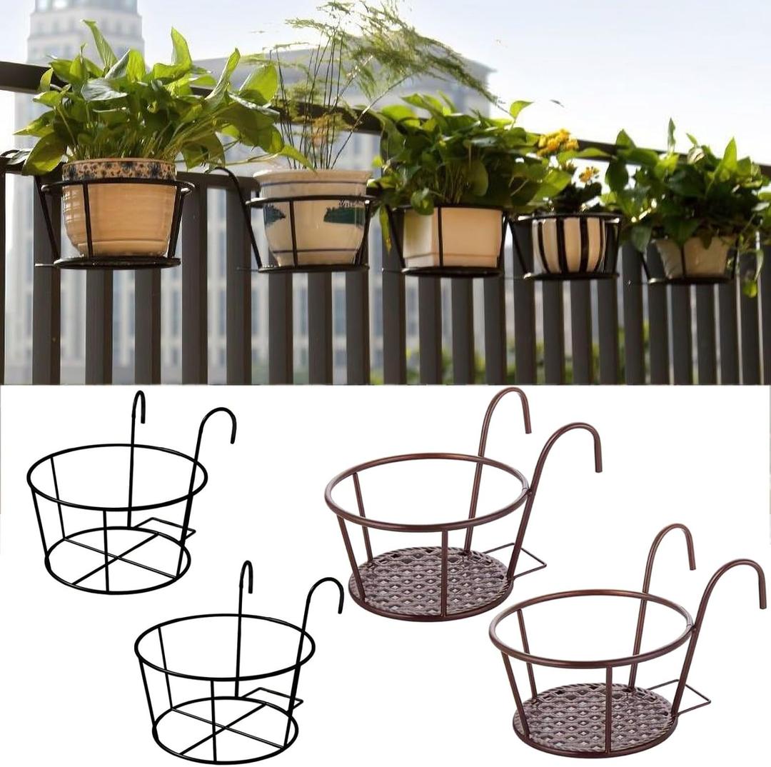4 Pack Round Hanging Railing Planters, Metal Hanging Plant Holder Flower Pot Holder Iron Art Hanging Baskets Fence Planters for Balcony Garden Patio Indoor and Outdoor Plants (Bronze+Black)