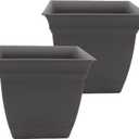 The HC Companies Eclipse Square Plastic Planter w/ Attached Saucer - Outdoor & Indoor Plant Pot with Drainage Holes - Lightweight, UV-Resistant Plastic Pots For Plants (12" Warm Gray, Pack of 2)