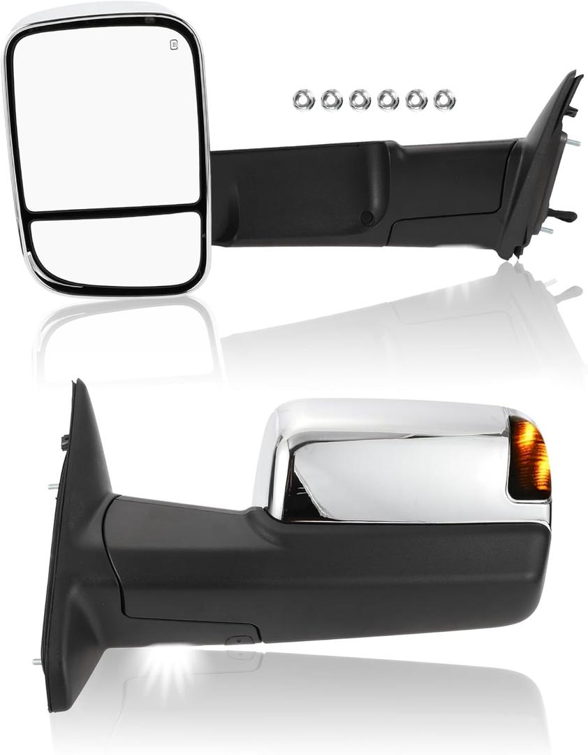 Motoforti Tow Mirrors, Chrome Plated Manual Folding Trailer Towing Side Mirrors, for Dodge for Ram 1500 2009-2012 for Ram 2500 3500, Turn Signal Light Puddle Lamp Power Heated, 1pair